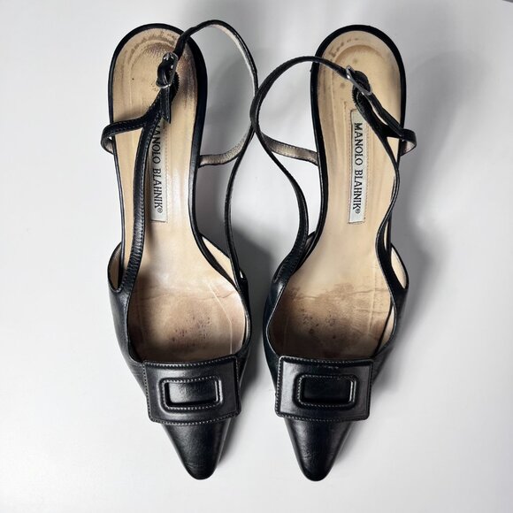 MANOLO BLALHNIK Black Maysli Buckle Slingback Pointed Toe Pumps 7US - Picture 5 of 7